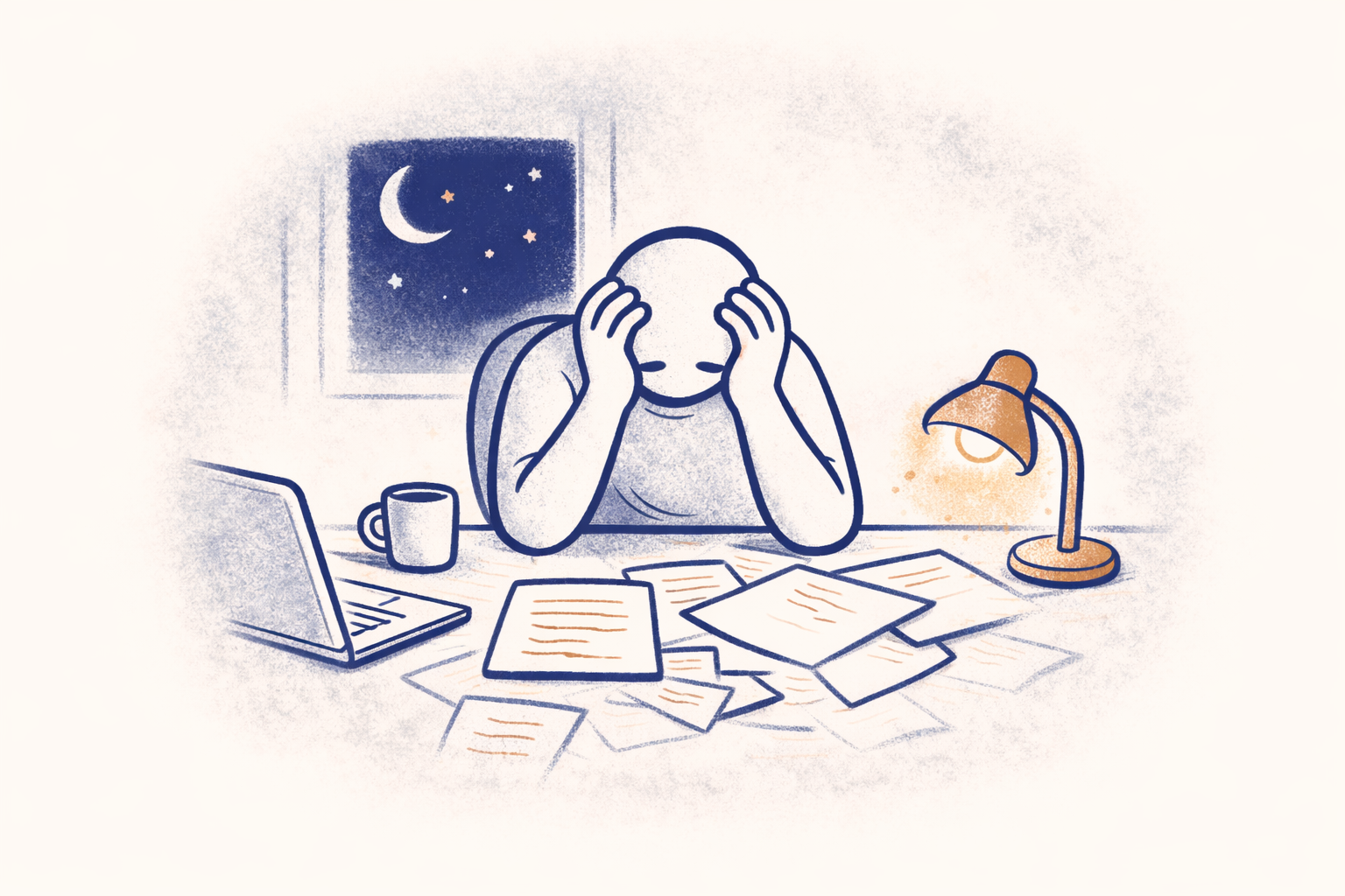 A figure at a cluttered desk late at night, head in hands